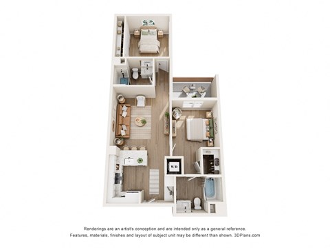 Floor plan for 2 beds, 2 baths, 954 sqft